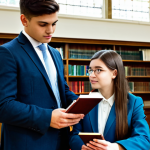 A professional-looking young woman, dressed in a tailored, modest business suit, standing confidently in a grand, oak-paneled university library, holding a classic leather-bound book. On the right side, a professional-looking young man, wearing a smart but less formal business casual outfit, sitting at a modern desk in a well-lit, functional community college study area, looking at a digital tablet. The image subtly contrasts two distinct educational paths in the UK. Both subjects are fully clothed, in appropriate attire, safe for work, perfect anatomy, correct proportions, natural pose, well-formed hands, proper finger count, natural body proportions, professional photography, high quality, appropriate content, modest, family-friendly.