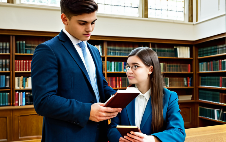 A professional-looking young woman, dressed in a tailored, modest business suit, standing confidently in a grand, oak-paneled university library, holding a classic leather-bound book. On the right side, a professional-looking young man, wearing a smart but less formal business casual outfit, sitting at a modern desk in a well-lit, functional community college study area, looking at a digital tablet. The image subtly contrasts two distinct educational paths in the UK. Both subjects are fully clothed, in appropriate attire, safe for work, perfect anatomy, correct proportions, natural pose, well-formed hands, proper finger count, natural body proportions, professional photography, high quality, appropriate content, modest, family-friendly.