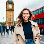 비자 없이 영국 여행 가능한 국가 - **Prompt:** A stylish young female traveler, dressed in smart-casual autumn clothing (e.g., a trench...