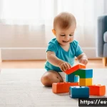 런던 사람들의 출퇴근 패턴 - **A toddler (wearing a diaper) playing with colorful building blocks in a sunlit living room. The sc...