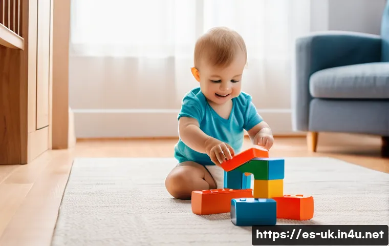 런던 사람들의 출퇴근 패턴 - **A toddler (wearing a diaper) playing with colorful building blocks in a sunlit living room. The sc...