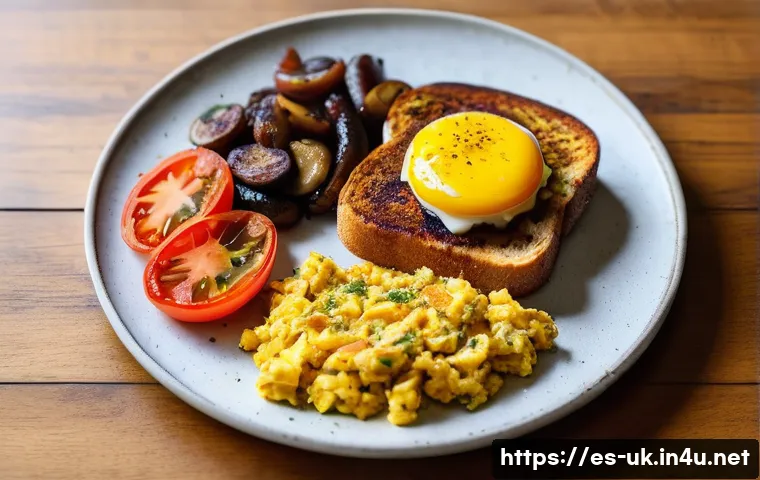 비건을 위한 영국 전통 요리 - **Prompt for Vegan Full English Breakfast:**
    A vibrant, high-resolution photograph of a generous...