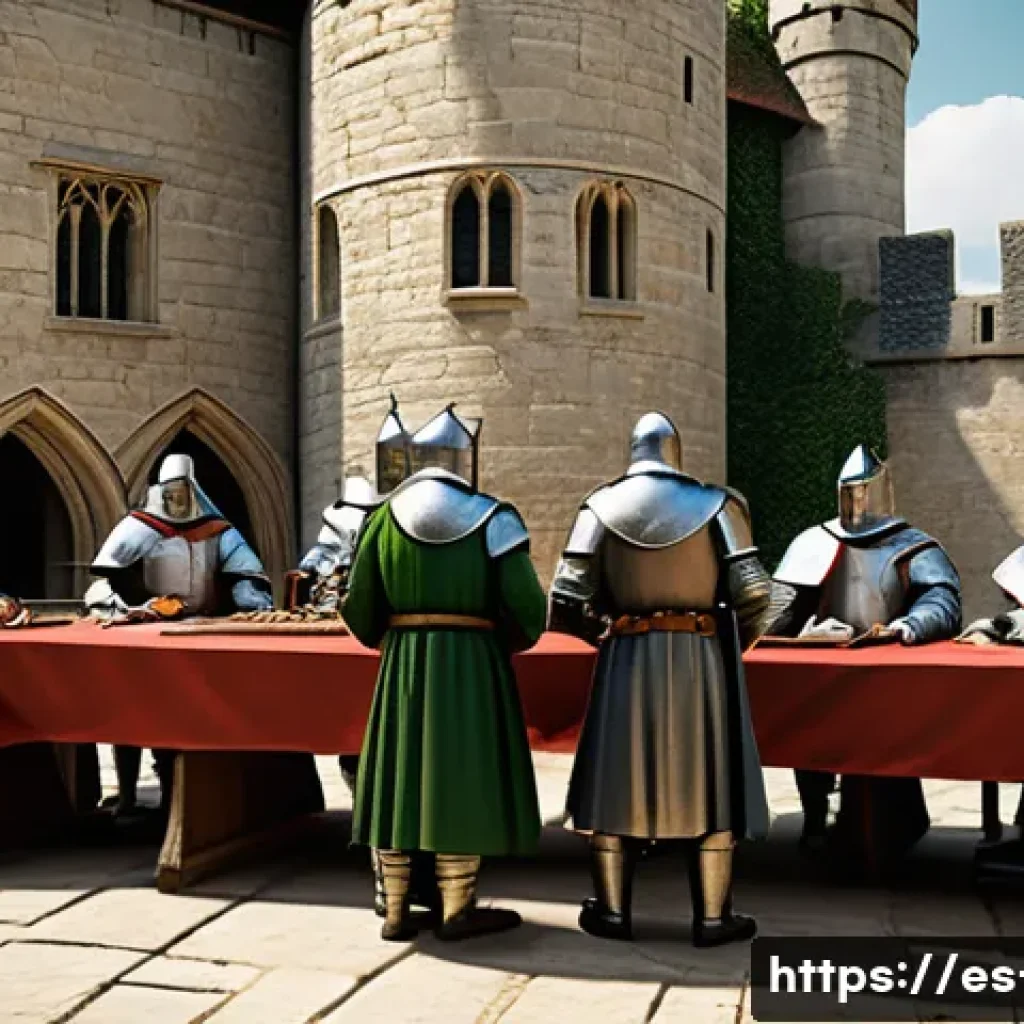 영국 역사적 사건 - A detailed medieval English castle courtyard scene during the signing of the Magna Carta in 1215, fe...