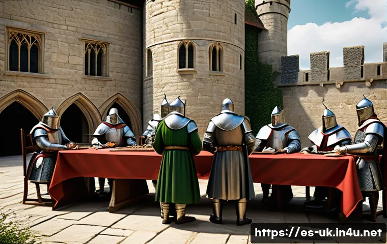 영국 역사적 사건 - A detailed medieval English castle courtyard scene during the signing of the Magna Carta in 1215, fe...