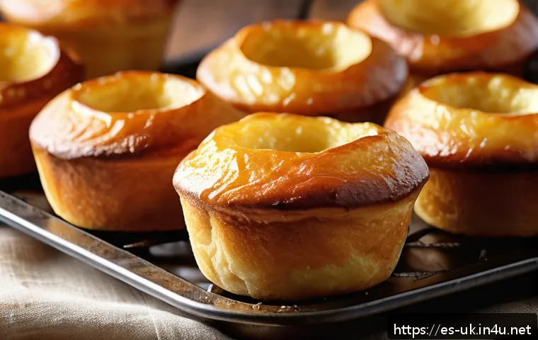 요크셔 푸딩 만드는 법 - A close-up of perfectly golden Yorkshire puddings fresh from a high-temperature oven, showing a cris...