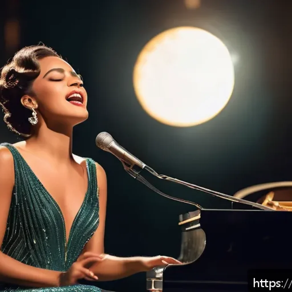 아델의 음악 스타일 분석 - A soulful female singer performing on a grand stage, wearing elegant vintage-style evening gown, hol...