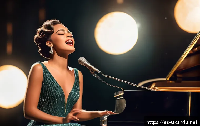 아델의 음악 스타일 분석 - A soulful female singer performing on a grand stage, wearing elegant vintage-style evening gown, hol...