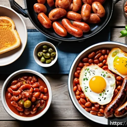 풀 잉글리시 브렉퍼스트 vs 컨티넨탈 브렉퍼스트 - A traditional English breakfast spread on a rustic wooden table, featuring crispy bacon, golden frie...