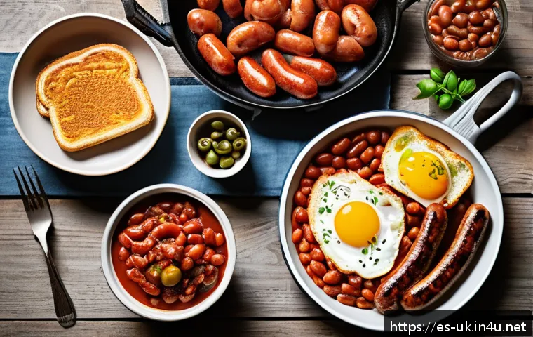 풀 잉글리시 브렉퍼스트 vs 컨티넨탈 브렉퍼스트 - A traditional English breakfast spread on a rustic wooden table, featuring crispy bacon, golden frie...