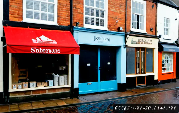 주말에 문 닫는 영국 상점 - Photorealistic street scene in a quiet British market town on a Saturday morning, a small independen...