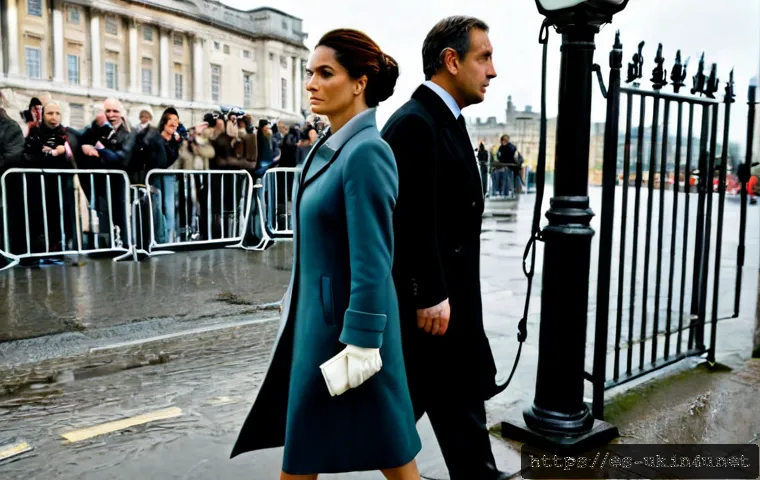 영국 왕실 스캔들 모음 - Photorealistic editorial scene outside a grand historic British palace, a composed middle-aged royal...